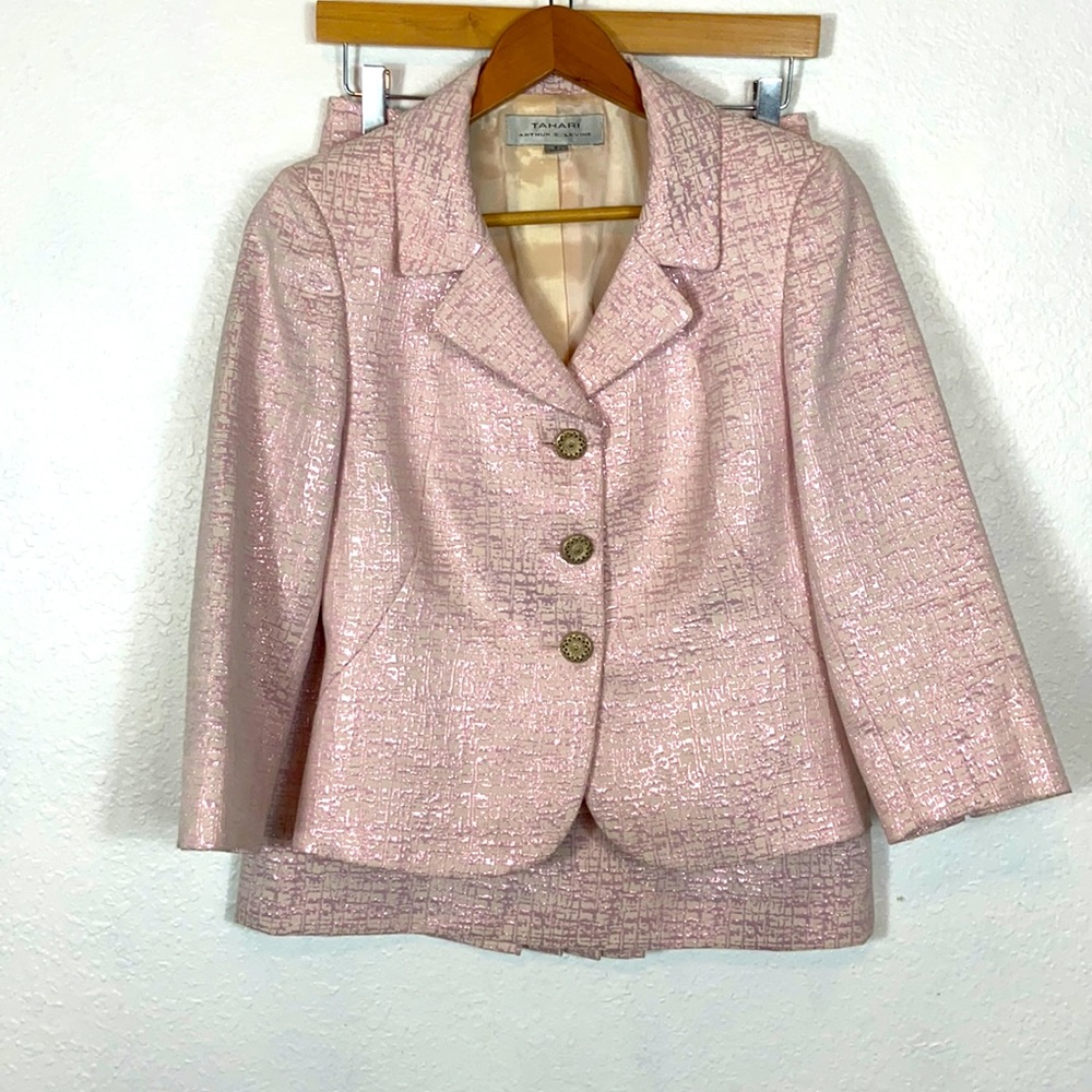 Tahari metallic blazer skirt suit set 4